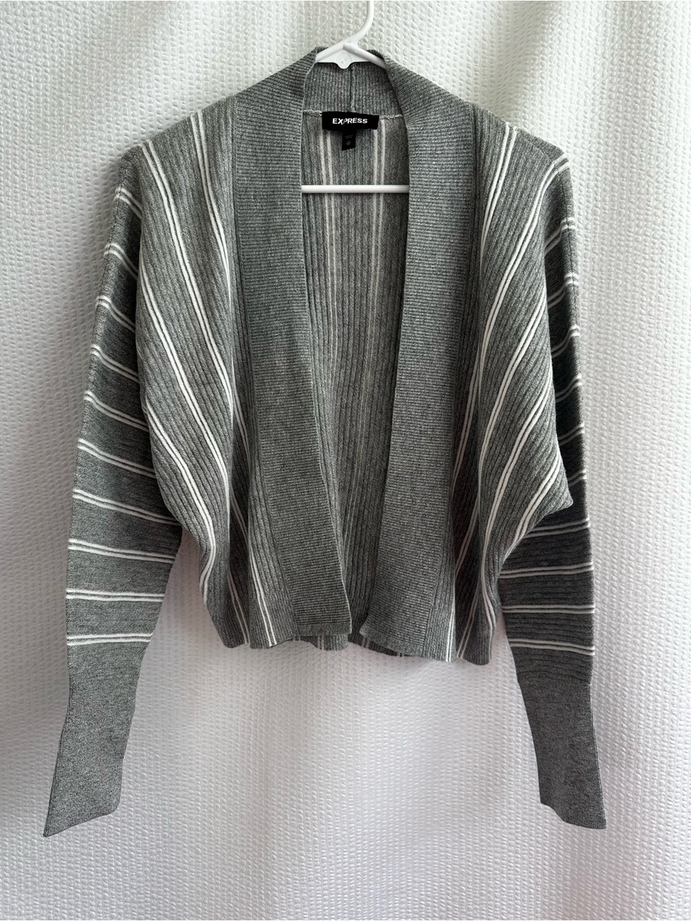 Express Gray White Stripe Open Front Ribbed Cardigan Dolman Sleeve Women’s XS